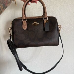 Coach Dark Brown Signature Satchel with Black Strap and Gold Hardware